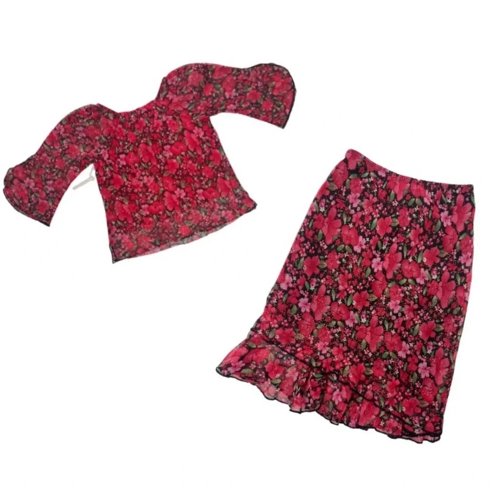 Girls Dress Set Sparkling Floral Glitter Red 2 pc Skirt & Blouse Dressy Outfit